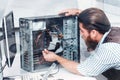 Engineer disassembling CPU, double exposure Royalty Free Stock Photo