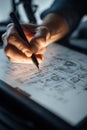 Engineer drawing blueprint on tablet with stylus in dimly lit office Royalty Free Stock Photo