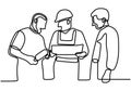 Engineer employee life discussion concept. One line draw design graphic vector illustration