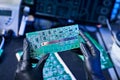 Engineer factory worker electronics works with a chip board. Microchip Production, Nano computer Technology and manufacturing Royalty Free Stock Photo