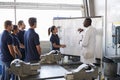 Engineer and female apprentice presenting at whiteboard Royalty Free Stock Photo