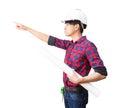 Engineer finger point with holding rolled blueprints inspect construction and wear white safety helmet plastic on white background