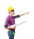 Engineer finger point with holding rolled blueprints inspect construction and wear yellow safety helmet plastic isolated on white