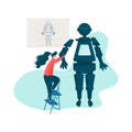 Engineer Fixing Robot Arm, Robotics Hardware and Software Engineering Vector Illustration