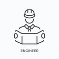 Engineer flat line icon. Vector outline illustration of workman and blueprint. Black thin linear pictogram for