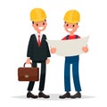 Engineer and foreman discuss draft building. Vector illustratio