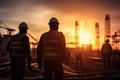 engineer or foreman working on construction site with crane at sunset, engineer and construction team working at site over blurred Royalty Free Stock Photo