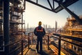 Engineer or foreman working in oil and gas refinery plant, Engineer Technician Watching Team of Workers on High Steel Platform., Royalty Free Stock Photo