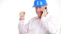Engineer Gesticulate Happy Listening Good News on Cellphone Royalty Free Stock Photo