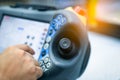 Engineer hand point at control button of robot to control in the factory. Use smart robot in manufacturing industry for industry Royalty Free Stock Photo