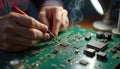 Engineer hands solder microchip on green circuit board. Uses soldering iron, smoke rises. Worker assemble tech hardware in Royalty Free Stock Photo