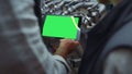 Engineer hands swiping tablet with chroma key screen at steal equipment closeup Royalty Free Stock Photo