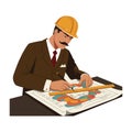 Engineer in a hard hat meticulously drafting plans on a table in flat vector art Royalty Free Stock Photo