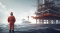 An engineer in a hard hat stands in front of an oil-producing offshore platform. Factory worker with equipment for oil