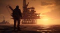 An engineer in a hard hat stands in front industrial offshore platform. Factory worker with equipment for oil