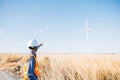 Technician helmet-clad engineer inspects windmill farm