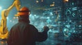 An engineer in a high-tech manufacturing setting is programming or operating advanced automated machinery using a Royalty Free Stock Photo