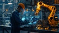 An engineer in a high-tech manufacturing setting is programming or operating advanced automated machinery using a Royalty Free Stock Photo