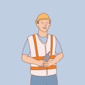 Engineer hold phone with smile with outline or line and clean simple style