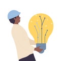 Engineer holding bright light bulb, man with creative idea and project Royalty Free Stock Photo