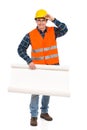 Engineer holds open paper roll. Royalty Free Stock Photo