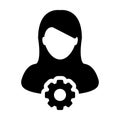 Engineer icon vector female person profile avatar with gear cogwheel for settings and configuration in flat color glyph pictogram Royalty Free Stock Photo