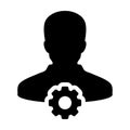 Engineer icon vector male person profile avatar with gear cogwheel for settings and configuration in flat color glyph pictogram Royalty Free Stock Photo