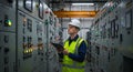 Engineer Inspecting Electrical Panels: Safety First! Industrial Maintenance, Power Systems, & Technology in Action Royalty Free Stock Photo