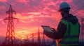 Engineer Inspecting Power Grid at Sunset. AI generated Royalty Free Stock Photo
