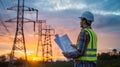 A Engineer Inspecting Power Lines. AI generated Royalty Free Stock Photo