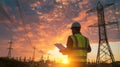 Engineer Inspecting Power Lines at Sunset. AI generated Royalty Free Stock Photo