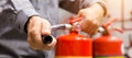 Engineer inspection Fire extinguisher in control room Royalty Free Stock Photo