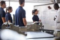 Engineer instructing four apprentices at white board Royalty Free Stock Photo