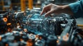Engineer interacting with holographic engine using augmented reality interface in futuristic factory setting