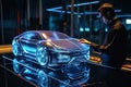 Engineer interacts with 3D holographic car model, revolutionizing automotive design.