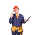 Engineer with laptop hands hammer. Royalty Free Stock Photo