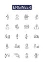 Engineer line vector icons and signs. technologist, technician, inventor, fabricator, draftsman, surveyor, architect