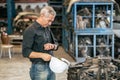 Engineer male worker looking wrist watch for stress worry with working late apointment time concept Royalty Free Stock Photo