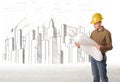 Engineer man with building city drawing in background Royalty Free Stock Photo
