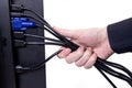 IT engineer Man hand inserts cable into monitor. Man hand connecting the DVI cable for monitor to computer PC. VGA DVI DisplayPort Royalty Free Stock Photo