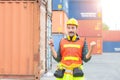 Engineer man in hard hat celebrating victory, foreman worker raise hands in celebration Royalty Free Stock Photo