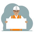 Engineer man holding a blank sheet of paper. The concept of a builder, engineer, planner or designer.