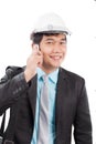 engineer man talkin on mobile phone and smiling with happy emotion isolated white background use for people working on career and