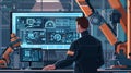 Engineer manager monitors and controls robot arm automation in smart factories in real time monitoring system software, welding