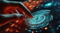 Engineer managing futuristic cybersecurity control panel activating digital lock