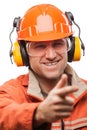 Engineer or manual worker man in safety hardhat helmet white iso Royalty Free Stock Photo