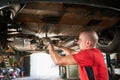 Engineer, mechanic, repairman fixing car in servicing center. Royalty Free Stock Photo