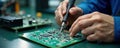 Engineer meticulously tests electronic circuit board using precision tools. Hands work on component verification. Quality control