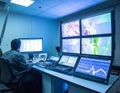 Engineer monitoring multiple screens in a hightech control room analyzing data and visual feeds for critical operations Royalty Free Stock Photo