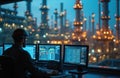 Engineer monitors refinery operations from control room. Evening light illuminates complex machinery, infrastructure. Man in hard Royalty Free Stock Photo